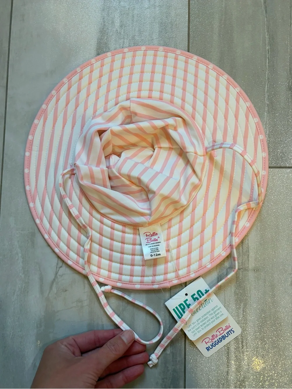 NWT RuffleButts Pink & White Polka Dot UV Protection Sun & Swim Hat Girls 0-12M